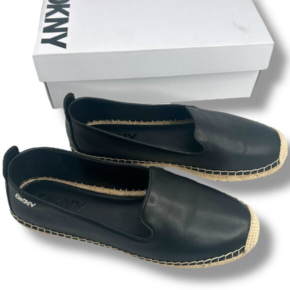 DKNY Black Leather Espadrille Flats Size 10 Slip On Loafers Coastal Classic EUC - Picture 8 of 11